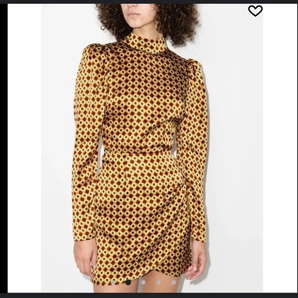 Reformation Yellow & Brown Geo-Print High-Neck Mini Dress